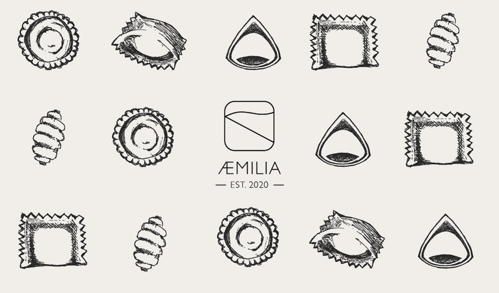 Æmilia Pasta east lothian logo and design with pasta shapes