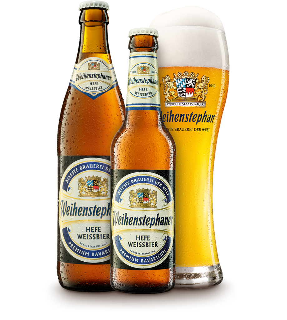Weihenstephaner Hefe Weissbier in two bottles next to a pint of weiss beer